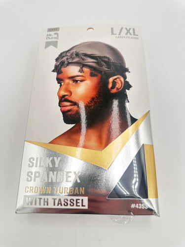 Mr. Durag Silky Spandex Crown Turban with Tassel Gray XL 4353 - ANNS BEAUTY SUPPLY